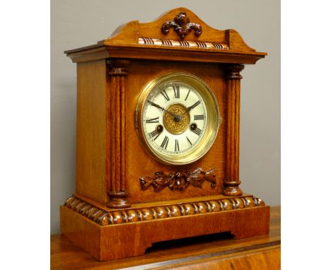 Early 20th century oak mantel clock in architectural case with 'H.A.C' movement, H33cm   Condition Report   Click here for fu