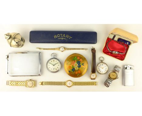 Continental silver key wound pocket watch, wristwatches Rotary, lighters etc   Condition Report   Click here for further imag