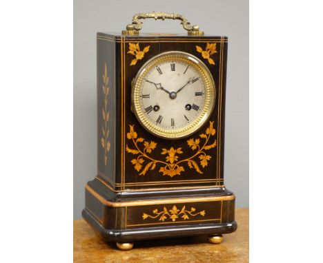 Late Victorian coromandel wood mantle clock, inlaid with trailing foliage and stringing in box wood, silvered engine turned d