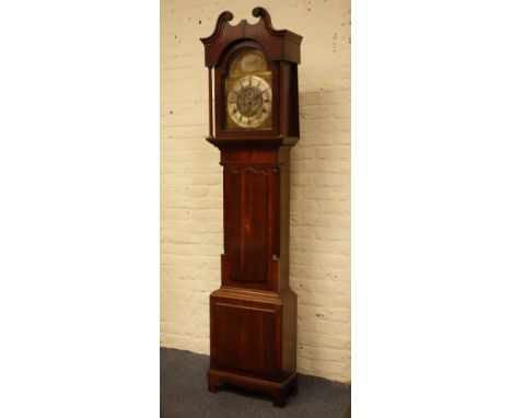 Late 18th century mahogany banded oak longcase clock, brass dial with silvered Roman chapter, subsidiary seconds and arch eng