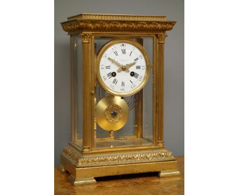 Late 19th century four glass mantel clock, acanthus leaf moulded cornice and plinth with bead and stepped feet, enclosed by C