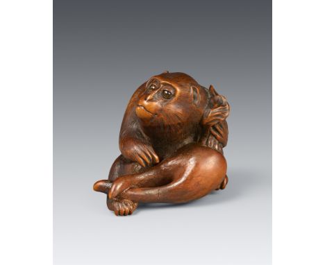 Okimono-Netsuke eines Affen mit Rettich. Holz. Spätes 19. Jh.Der sitzende Affe hält einen großen Rettich mit Blattwerk und we