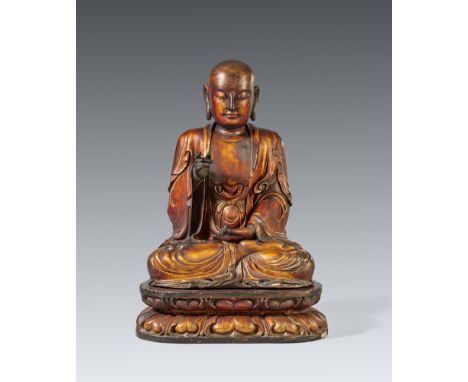 Buddha. Holz mit vergoldeter Lackfassung. 18. Jh.Im Meditationssitz auf einem separaten doppelten Lotosthron, beide Hände in 