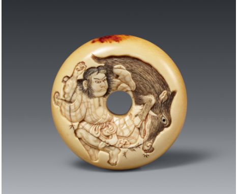 Großes manjū-Netsuke. Elfenbein. Mitte 19. Jh.Sign.: Jushi (Toshitsugu)Im Tiefschnitt Kintarō mit einer zur Faust geballten H