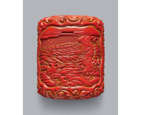 Tsuishū-inrō. Roter Schnitzlack. Ca. 1850-1870Sign. in Siegelschrift: Sonsei(Zonsei) saku 4-tlg. In einer passigen Kartusche 