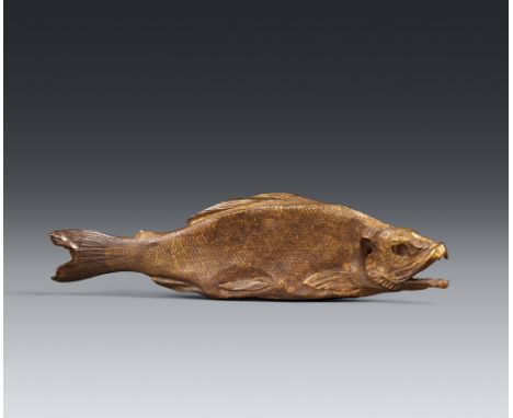 Ungewöhnliches Netsuke eines Trockenlachs. Barten. Frühes 20. Jh.Sign.: Tessai tō und kaōLange, flache und leicht schrumpelig