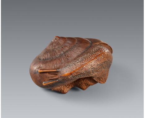 Kompaktes Netsuke einer Schnecke. Holz. Mitte 19. Jh.Sign. in abgerundeter Reserve: Yobi(?)tomoDas Tier kriecht aus  dem Schn