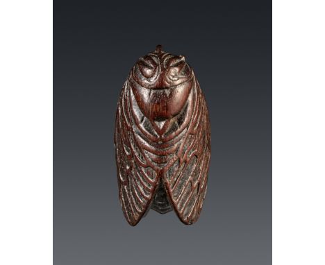 Zikade als Masken-Netsuke. Holz. 19. Jh.Mit eng an den Körper angelegten Flügeln und eingezogenem Saugrüssel, die Augen teilw