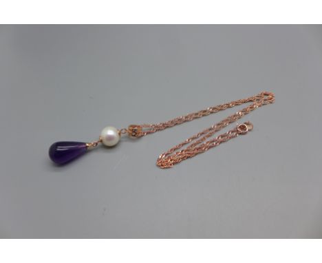 A silver gilt, amethyst and Koari pearl pendant and chain 