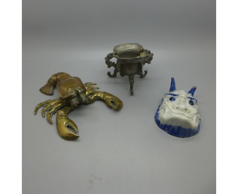 Two oriental libation cups, one a/f, and a novelty brass lobster trinket box 