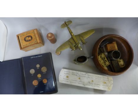 Treen, a brass aircraft model, metalware, etc. 