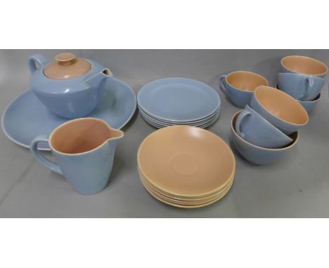 Poole Pottery Peach Bloom and Mist Blue six setting tea set including teapot, milk jug, sugar bowl and sandwich plate (one cu