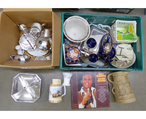 Two boxes of assorted china and plated ware including lidded dishes, an oriental vase, lid a/f, plates, Royal Worcester Evesh