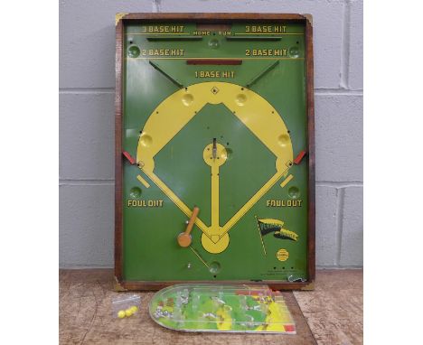 A 1930's baseball pinball game by Wolverine America, incomplete and a 1960's baseball bagatelle 