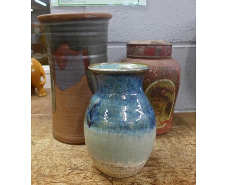 A studio pottery vase, cylindrical vase and a Victorian tea caddy 