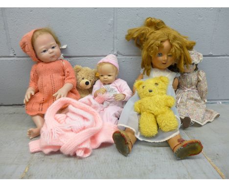 Four dolls and two Teddy bears including a modern Steiff 