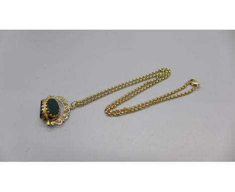 A 9ct gold and agate set swivel fob on a 9ct gold chain, 12.4g, chain 45cm 
