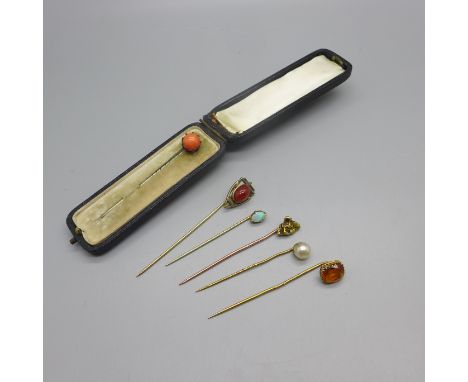 Six stick pins including coral set, boxed, opal a/f,  and nugget, (nugget pin 2.3g) 