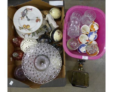 A collection of glass and china including a purple glass lidded dish, a Royal Worcester Evesham cake plate, two glass paperwe