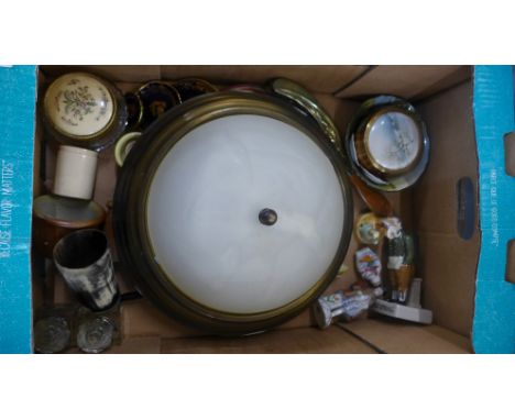 Assorted china, stoneware, a ceiling light, glass inkwells and a horn beaker 