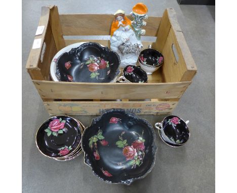 Six Paragon cups and saucers, a Staffordshire figure and three bowls decorated with roses**PLEASE NOTE THIS LOT IS NOT ELIGIB