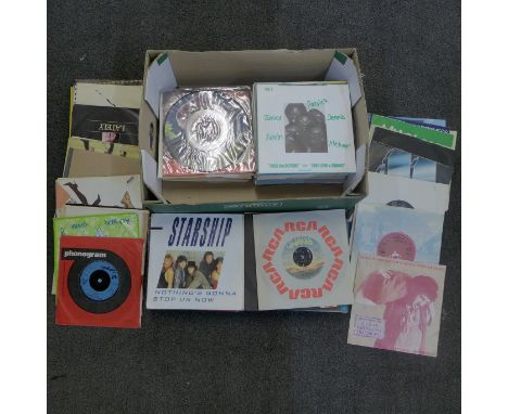 A box of 150 singles including 1970's and 1980's, including Prince, Blondie, Roxy Music, Michael Jackson, etc. 