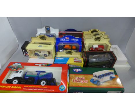 A collection of die-cast model vehicles, boxed, including Lledo, Britains, etc. 