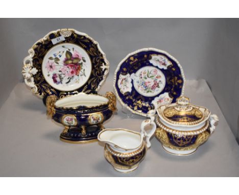 A collection of 19th century ceramics including a Spode Felspar small lidded tureen and jug, two decorative plates, and a sma