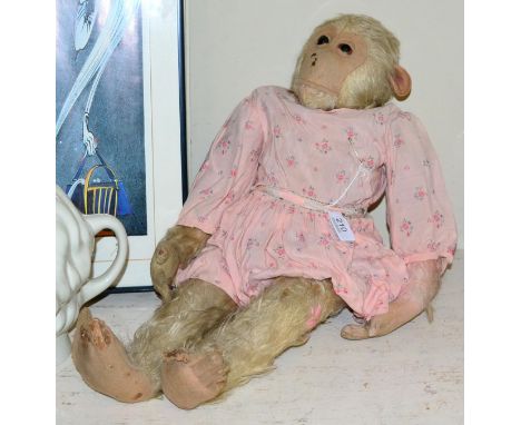 Steiff white mohair plush jointed monkey, with darker mohair tips to the body, replacement kid leather hands, felt feet, (no 