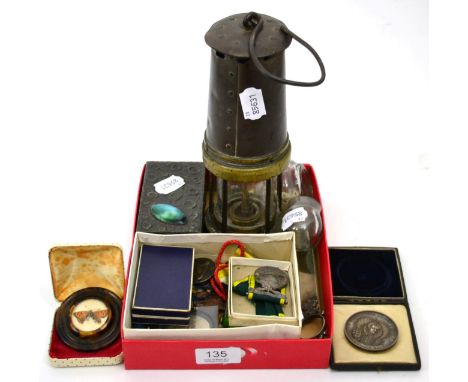 Miners lamp, travelling oil lamp, Ruskin mounted pewter box, medals, coins etc 