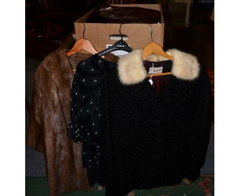 Light mink fur jacket, labelled Furs By Stephen Blackpool, Norman Linton black sequin evening two piece, black Persian lamb j
