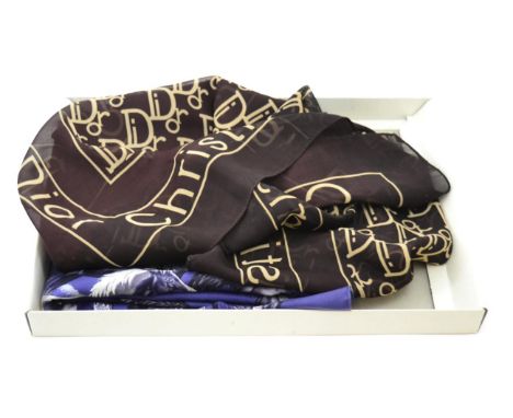 Hermes blue silk scarf Les Mustangs, Christian Dior rectangular logo scarf and black and white floral scarf (3)Some small sta