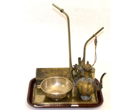 A Chinese white metal bowl with applied decoration; a small paktong serving tray; calligraphic metal brush box; a Chinese pak