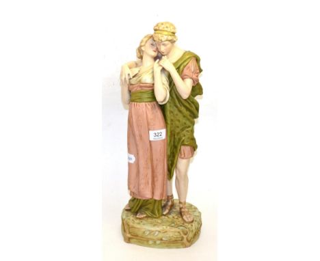 Royal Dux figure of lovers A couple of paint scratches and some light rubbing to gilded areas. Otherwise, appears ok. 