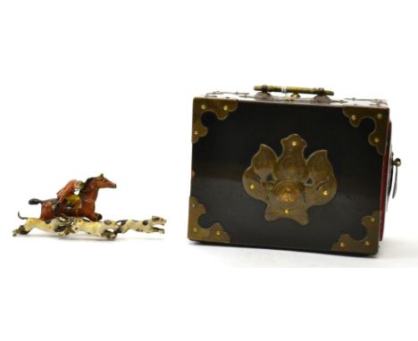 A cold painted bronze hunting group and a Japanese lacquer playing card box (2) 