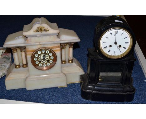 An alabaster mantel clock of architectural form together with an ebonised mantel clock (2)