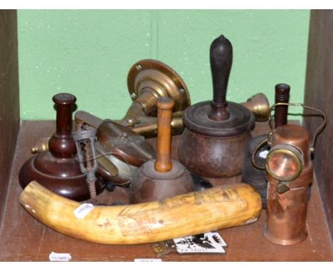 Assorted Masons' mauls, bar top cork extractor, lamp, fishing reel, scrimshaw horn etc 