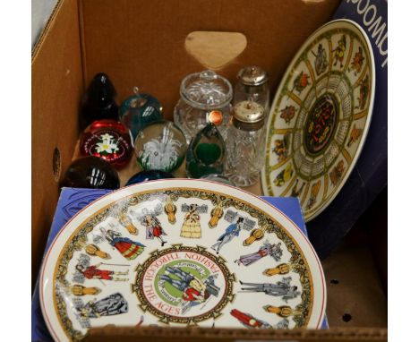 A collection of eight glass paperweights by Caithness and others, collectors plates and cut crystal 