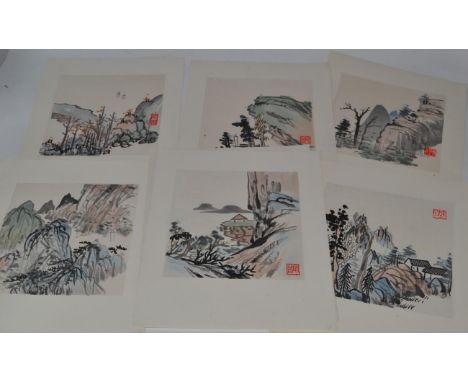 A set of eight Chinese woodblock prints; a printed hand scroll signed Zhan Daqian; a small hand scroll print of Huang Zhou's 
