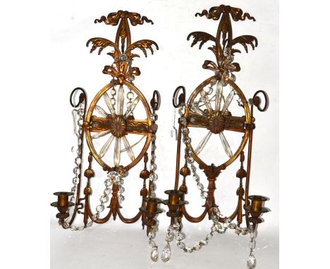 A pair of German wall appliques hung with crystal drops (twin lights)Patinated metal. Modern. Framework in good condition. Un