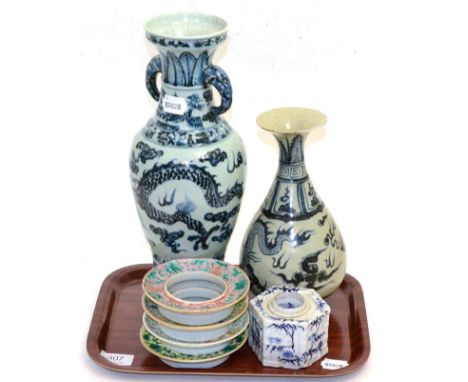 Four various Chinese porcelain cup stands; a Japanese blue and white porcelain hexagonal ink pot; a Chinese blue and white po