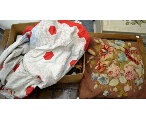 Large Victorian patchwork cover with red trim, eastern embroidered and applique patched wall hanging/cover, woolwork cushion 
