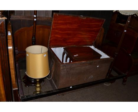 Pair of walnut single bedsteads, two standard lamps, blanket box, nest of tables and a table lamp (7)