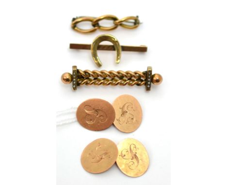 A pair of 9ct gold double oval cufflinks, a horseshoe brooch and two other brooches (4) 