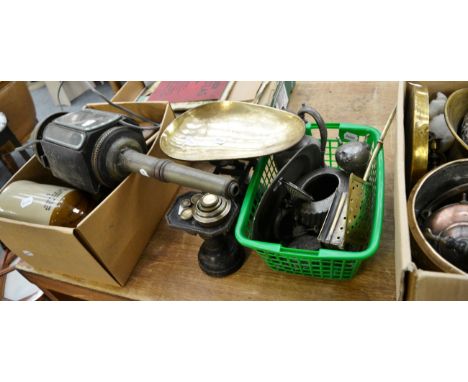 Quantity of pewter, brass and silver plate, together with converted carriage lamp, trays etc 