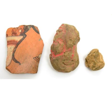 A Mayan pottery fragment, circa 550-850 AD, painted with dignitary, 8.5cm high, together with 2 Mayan pottery heads