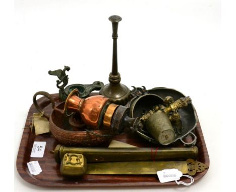 A collection of metal items to include a Grand tour bronze oil lamp in Roman style, a Saxon style pewter porringer, a Victori