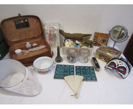 A collectable lot to include vintage tiles, fan, matchboxes, stamps etc etc