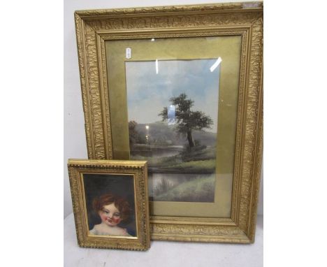 A landscape watercolour in gilt frame and a oiligraph of a child portrait&nbsp;