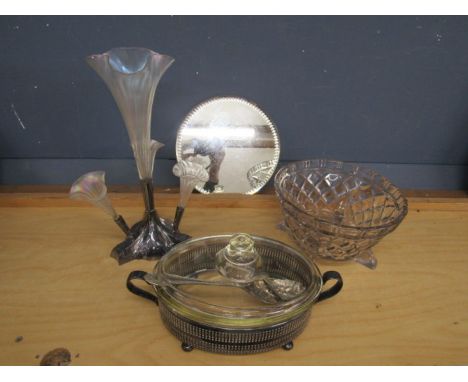 Glass epergne, round mirror, caged pyrex dish and bowl